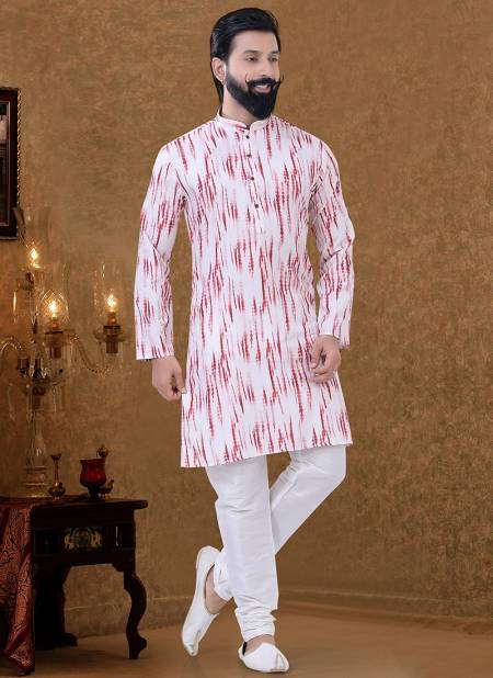 Red And White Colour New Printed Ethnic Wear Cotton Mens Kurta Pajama Collection KS 1533